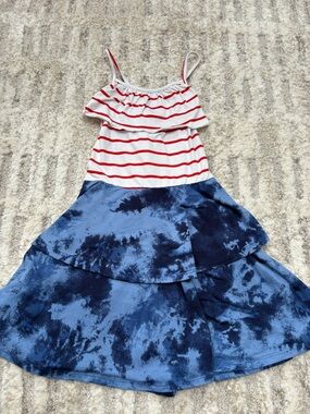 Girls size 7 pixie lane Red Stripe and Blue Tie-Dye Tiered Casual Dress